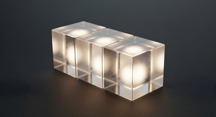 A contemporary trio of illuminated crystal-like cubes, a modern minimalist lamp casting a warm, ambient glow on a dark reflective surface