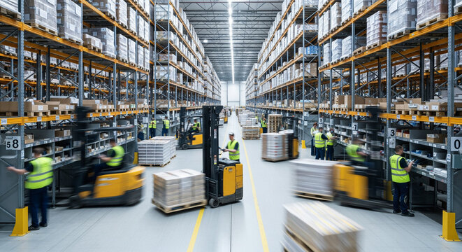 Warehouse in operation with numerous workers managing goods, showcasing organized storage and efficient logistics. The warehouse setting is filled with stacked boxes and forklifts - Powered by Adobe