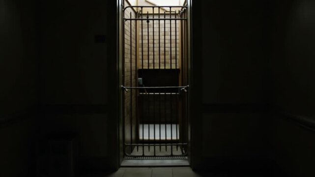 A vintage elevator is going up in a dark old building. Stock footage. View inside of a house entrance of an elevator with iron grating.