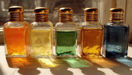 Five small glass bottles of colorful liquid, gold caps, sunlight