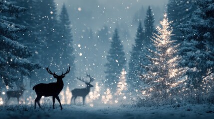 Enchanting Winter Silhouette: Majestic deer stand gracefully in a snowy forest, their forms silhouetted against a backdrop of falling snowflakes and evergreen trees. Generative Ai