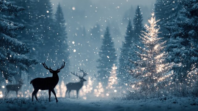 Enchanting Winter Silhouette: Majestic deer stand gracefully in a snowy forest, their forms silhouetted against a backdrop of falling snowflakes and evergreen trees. Generative Ai