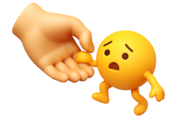 A large hand helping a small, scared emoji character. Isolated icon for a concept of support, help, charity, kindness, or mentorship.