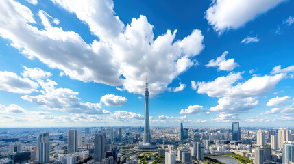 Naklejka premium Stunning urban skyline featuring tall tower surrounded by modern buildings bright blue sky with