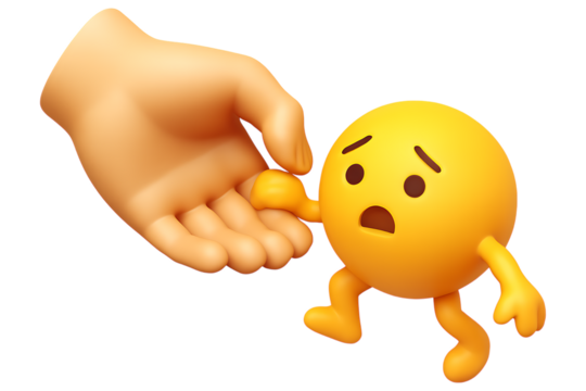 A large hand helping a small, scared emoji character. Isolated icon for a concept of support, help, charity, kindness, or mentorship.