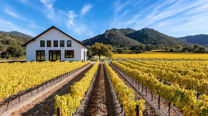 Vibrant vineyard landscape with autumn colors, featuring modern house and rolling hills