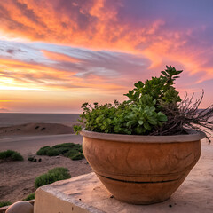 A clay pot with plants against a desert sunset background