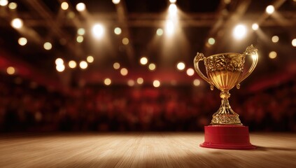 Golden trophy on a wooden stage, spotlights, and audience