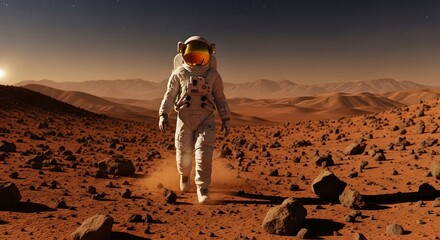 An astronaut in a full spacesuit walks across the rocky, desolate, and reddish landscape of the planet Mars.