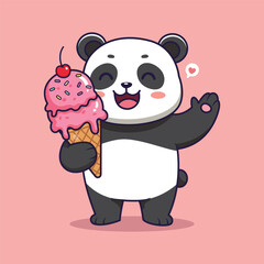 Naklejka premium Cute panda enjoying ice cream with a cherry on top. vector illustration