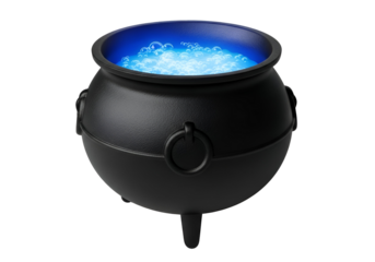 A glossy, black cauldron, full of bubbling, vibrant blue liquid, sits against a stark black backdrop.