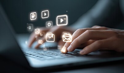 Hands typing on a laptop, surrounded by glowing digital media icons