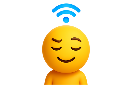 Calm 3D character with a WiFi signal above their head. Isolated icon for a concept of a clear mind, mindfulness, online connection, or telepathy.