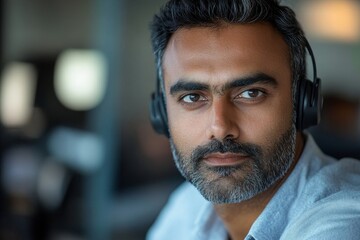 Serious Indian man wearing a headset working in the office and looking confidently at the camera, close-up portrait, displaying professionalism and expertise in his field, Generative AI