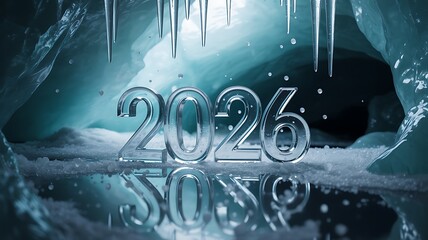 Stunning icy '2026' numerals emerge from a glacial cave, promising a fresh, cool start and a new year's anticipation with sparkling reflections.