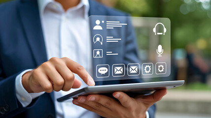 Businessman using a futuristic transparent tablet with a holographic user interface for modern digital communication and contact management