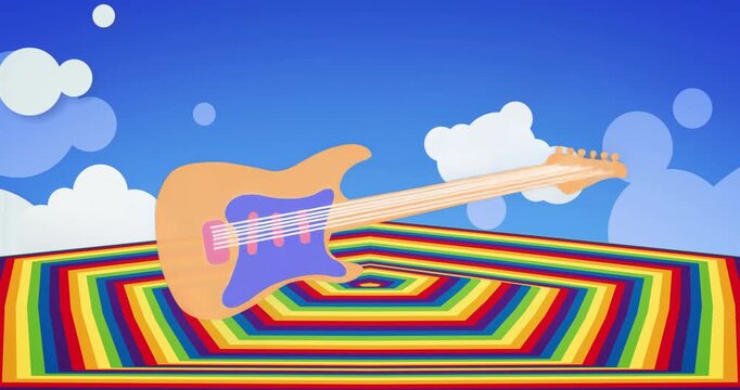 On scene start, orange guitar pivoting clockwise to show rotation on rainbow hexagon platform