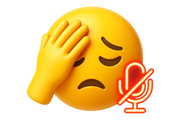 3D emoji with a facepalm and a muted microphone icon. Isolated icon for a concept of a video call mistake, online meeting fail, or communication error.