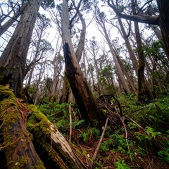 Tall trees in a lush green forest with mossy logs on the ground.