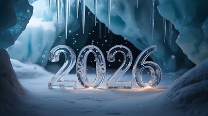 Sparkling crystal year 2026 numerals glisten amidst an icy cave with falling snowflakes and dripping icicles