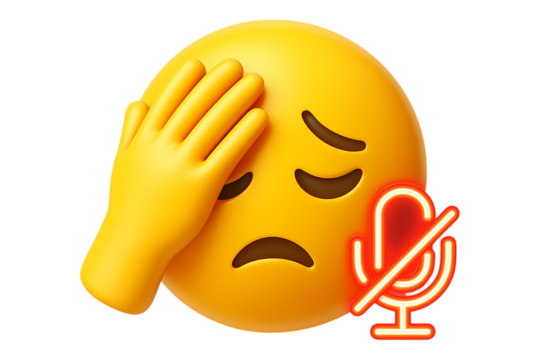 3D emoji with a facepalm and a muted microphone icon. Isolated icon for a concept of a video call mistake, online meeting fail, or communication error.
