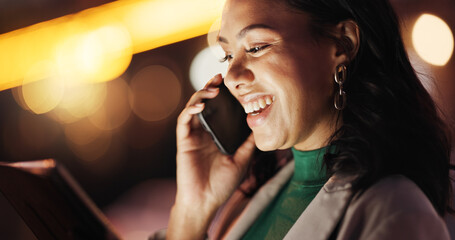 Happy, woman and phone call with tablet at night for discussion, planning and deadline for...