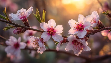 Obraz premium Delicate pink blossoms on a branch bathed in golden sunrise light