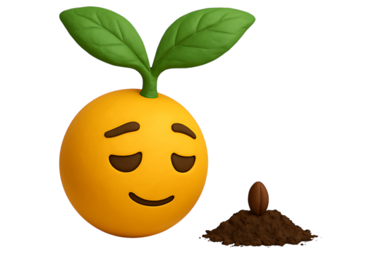 Cute orange character planting a seed in the soil. Isolated claymation icon for a concept of growth, investment, patience, or a new beginning.