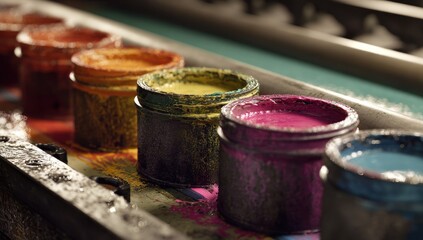 Colorful paint containers on a conveyor belt