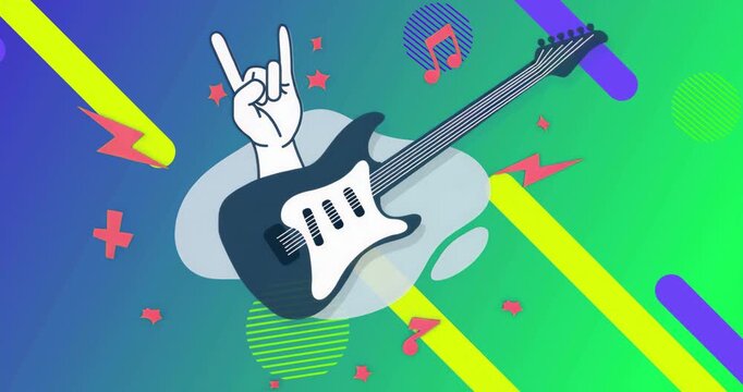 Guitar silhouette animating sliding bars and popping icons on gradient start for rock vibe