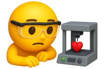3D emoji character watching a 3D printer create a heart. Isolated icon for a concept of engineering, passion project, or creating love with technology.