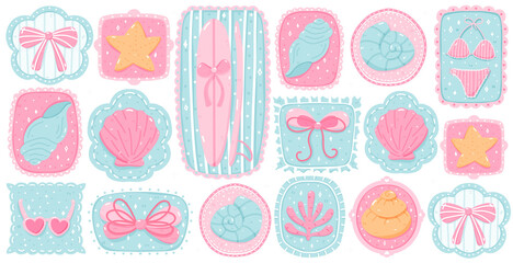 Surfboard Beach Summer Pastel Starfish, Shells, and Bows in Whimsical Coastal Design