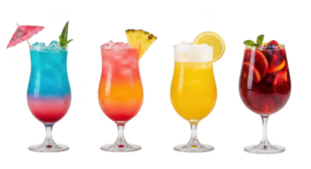 Set of various cocktails isolated on transparent background, summer drinks