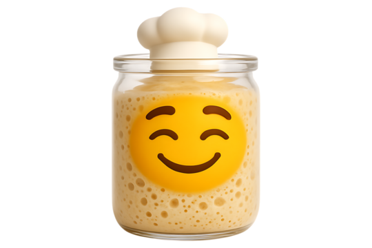 Happy sourdough starter with an emoji face and a chef hat lid. Isolated 3D icon for a baking blog, bakery logo, or a fermentation hobby concept.