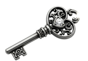 Obraz premium A detailed close-up of an ornate, heart-shaped key, featuring a sparkling diamond, set against a stark black background.