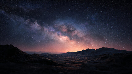 Naklejka premium Starry night sky Milky Way mountain landscape cosmic view dark terrain glowing horizon tranquil serene astronomy wilderness