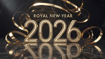 Celebrate a luxurious and elegant New Year's Eve with stunning golden "2026" numerals and festive ribbons on a sophisticated marble backdrop