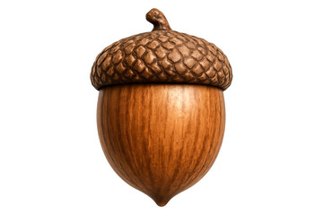 Realistic 3D acorn with wood and cap texture. Isolated brown oak nut PNG clip art for an autumn design, nature logo, or forest-themed graphic.