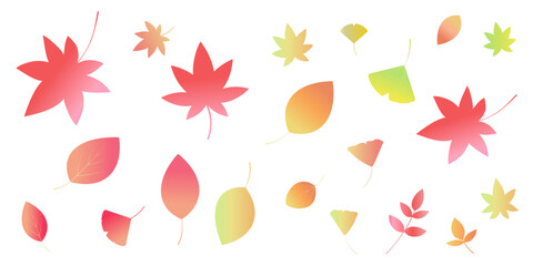 紅葉する葉っぱのイラストセット　アイコン　紅葉　青もみじ　イチョウ