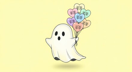 Cute ghost holding heart balloons with spider drawings on a pastel yellow background