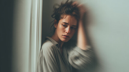 Woman sad emotional stress anxiety depression indoors wall hand hair woman with sad expression leans against wall hand hair conveying stress