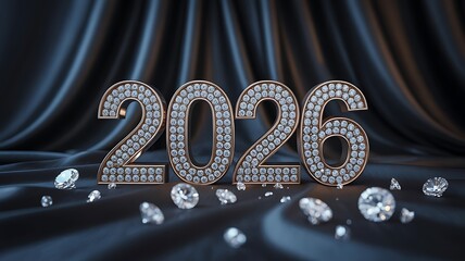 Celebrate upcoming New Year 2026 with dazzling diamond numbers and scattered gems on luxurious dark satin fabric, evoking wealth and luxury for festive occasions.