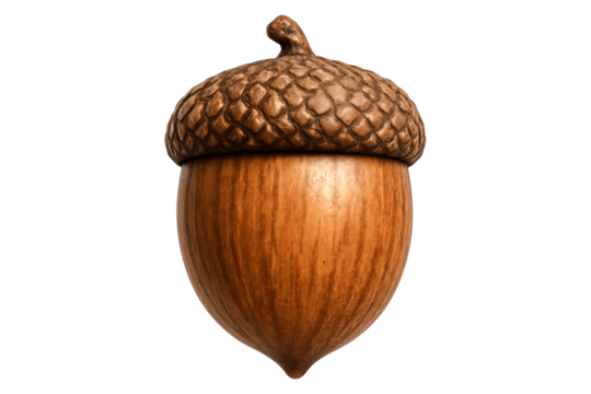 Realistic 3D acorn with wood and cap texture. Isolated brown oak nut PNG clip art for an autumn design, nature logo, or forest-themed graphic.