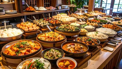A colorful buffet spread featuring a wide variety of Asian dishes, including rice, vegetables, meats, and dim sum, beautifully arranged on a long wooden table.