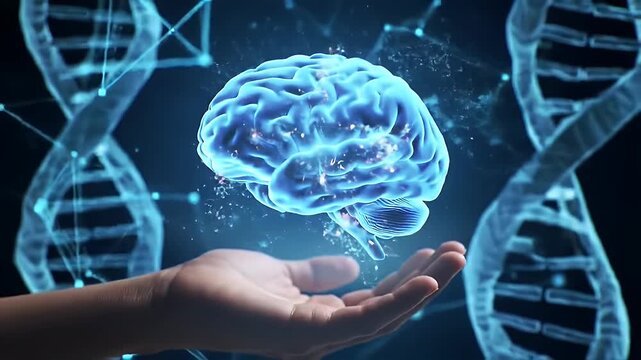 Radiant Pulsating Blue Brain Hovering Over Hand with DNA Strands Representing Future Technology and Medical Innovation with Connectivity and Holographic Effects on Dark Background - Powered by Adobe