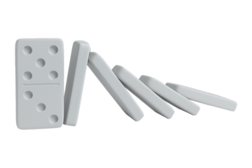 Falling white dominoes representing the domino effect. Isolated 3D render for a concept of a chain reaction, consequence, or business strategy.