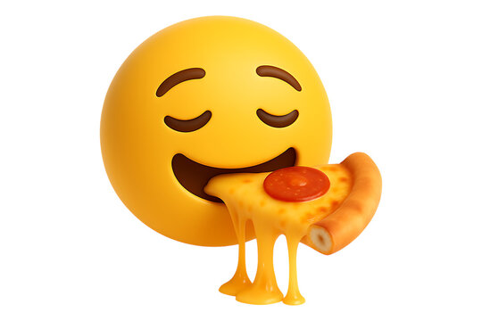 3D emoji eating a delicious slice of pepperoni pizza with dripping cheese. Isolated icon for a food delivery app, pizzeria menu, or concept of hunger.