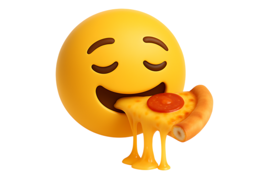 3D emoji eating a delicious slice of pepperoni pizza with dripping cheese. Isolated icon for a food delivery app, pizzeria menu, or concept of hunger.