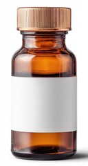 Amber glass bottle with blank white label and gold cap