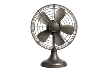 Vintage electric metal fan with a bronze finish. Isolated 3D render of a retro desk fan for a concept of summer heat, cooling, or an antique home appliance.